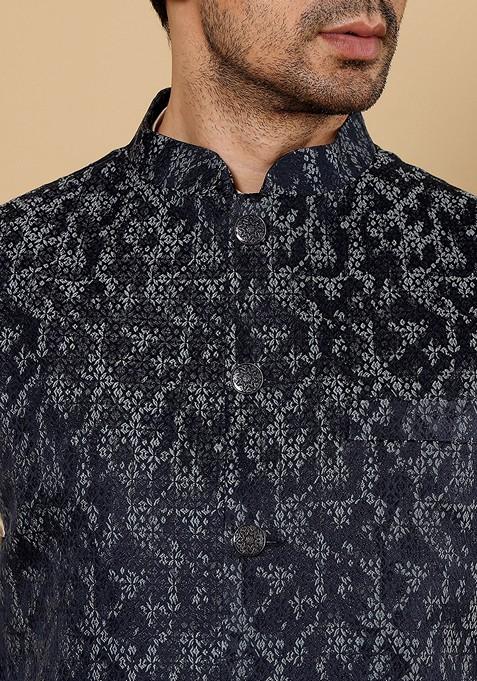 Blue Embellished Rayon Silk Nehru Jacket