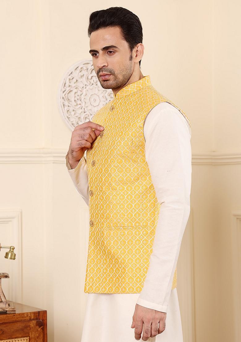 Yellow Embellished Rayon Silk Nehru Jacket