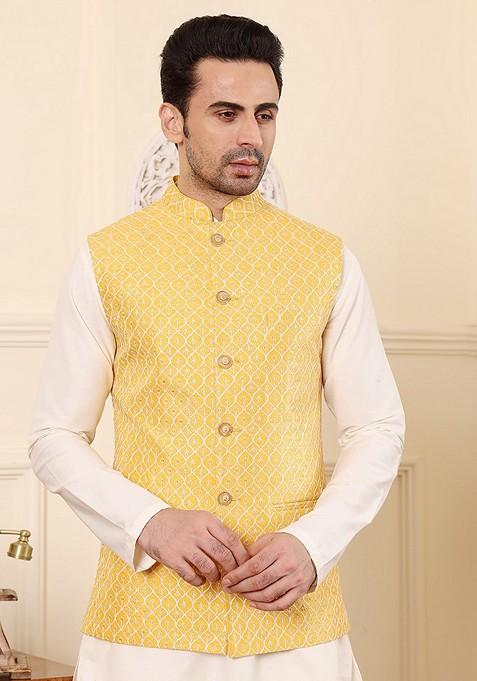 Yellow Embellished Rayon Silk Nehru Jacket