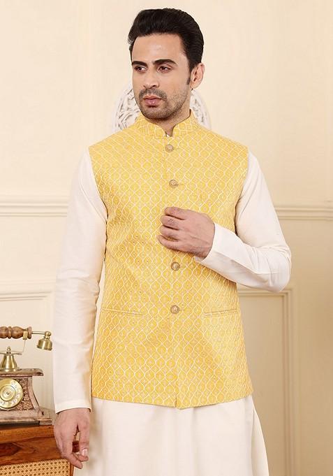 Yellow Embellished Rayon Silk Nehru Jacket