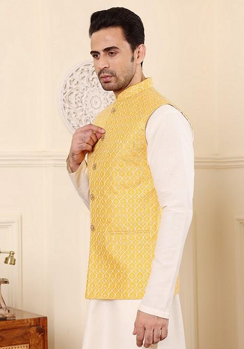 Yellow Embellished Rayon Silk Nehru Jacket