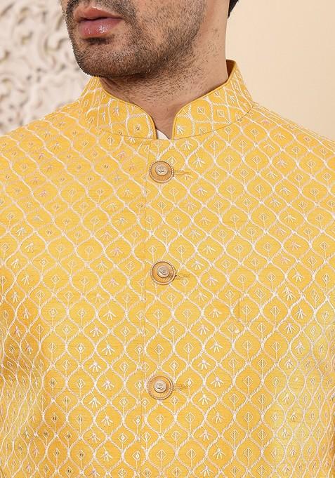 Yellow Embellished Rayon Silk Nehru Jacket