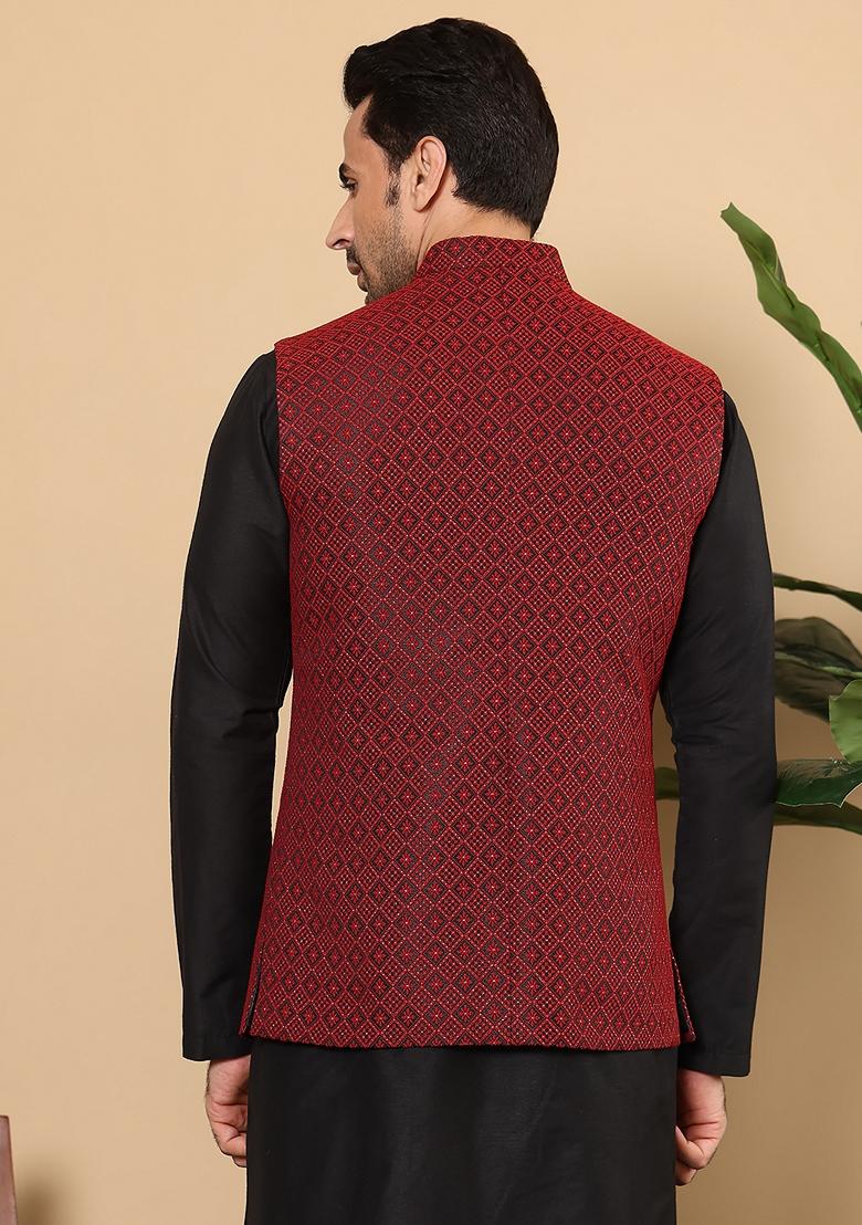 Black Embellished Rayon Silk Nehru Jacket