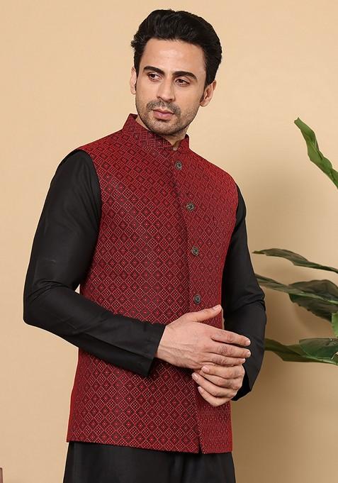 Black Embellished Rayon Silk Nehru Jacket