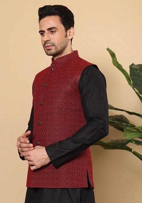 Black Embellished Rayon Silk Nehru Jacket