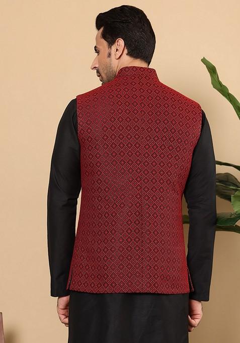 Black Embellished Rayon Silk Nehru Jacket
