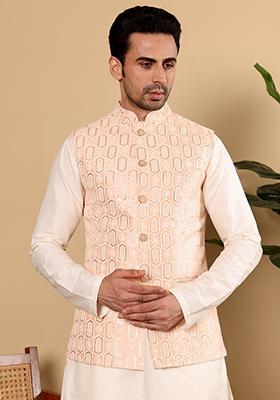 Light Pink Embellished Viscose Silk Nehru Jacket