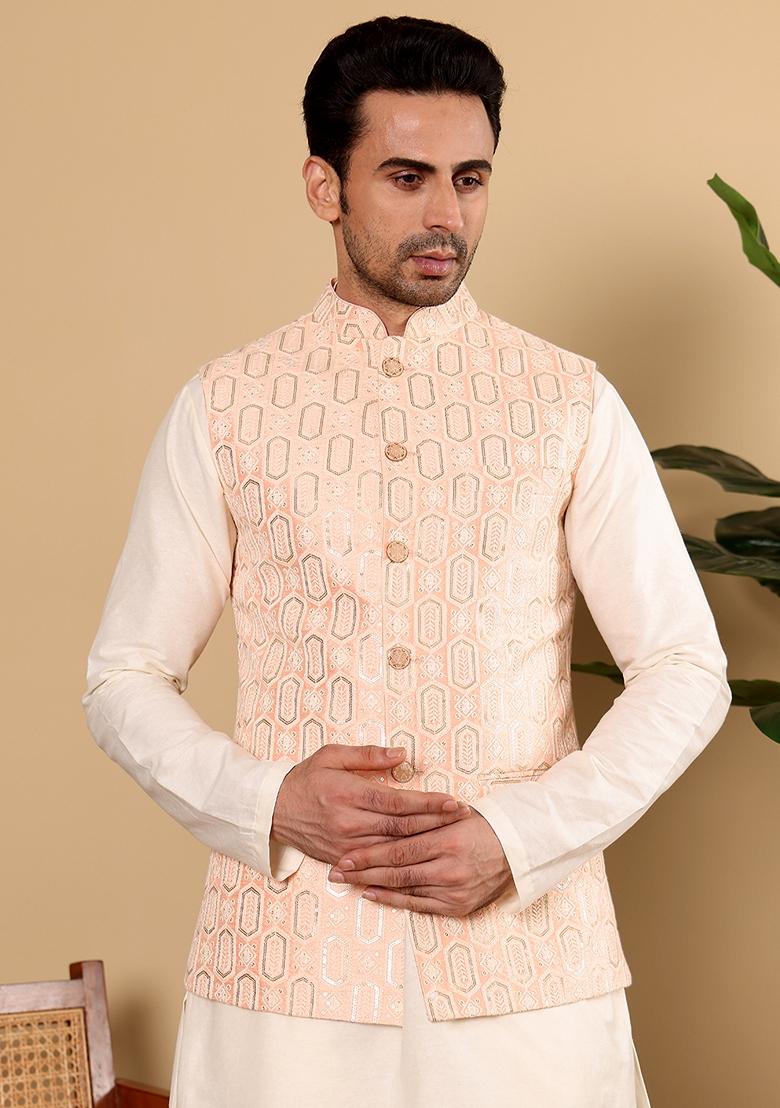 Light Pink Embellished Viscose Silk Nehru Jacket