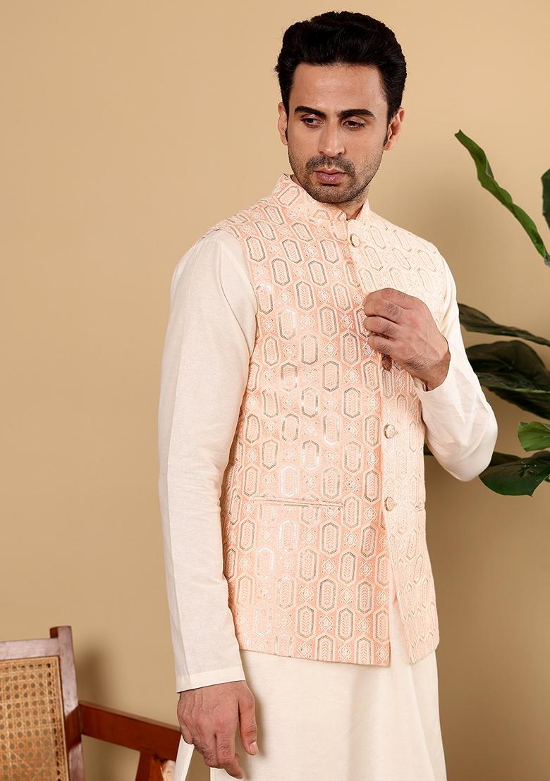 Light Pink Embellished Viscose Silk Nehru Jacket