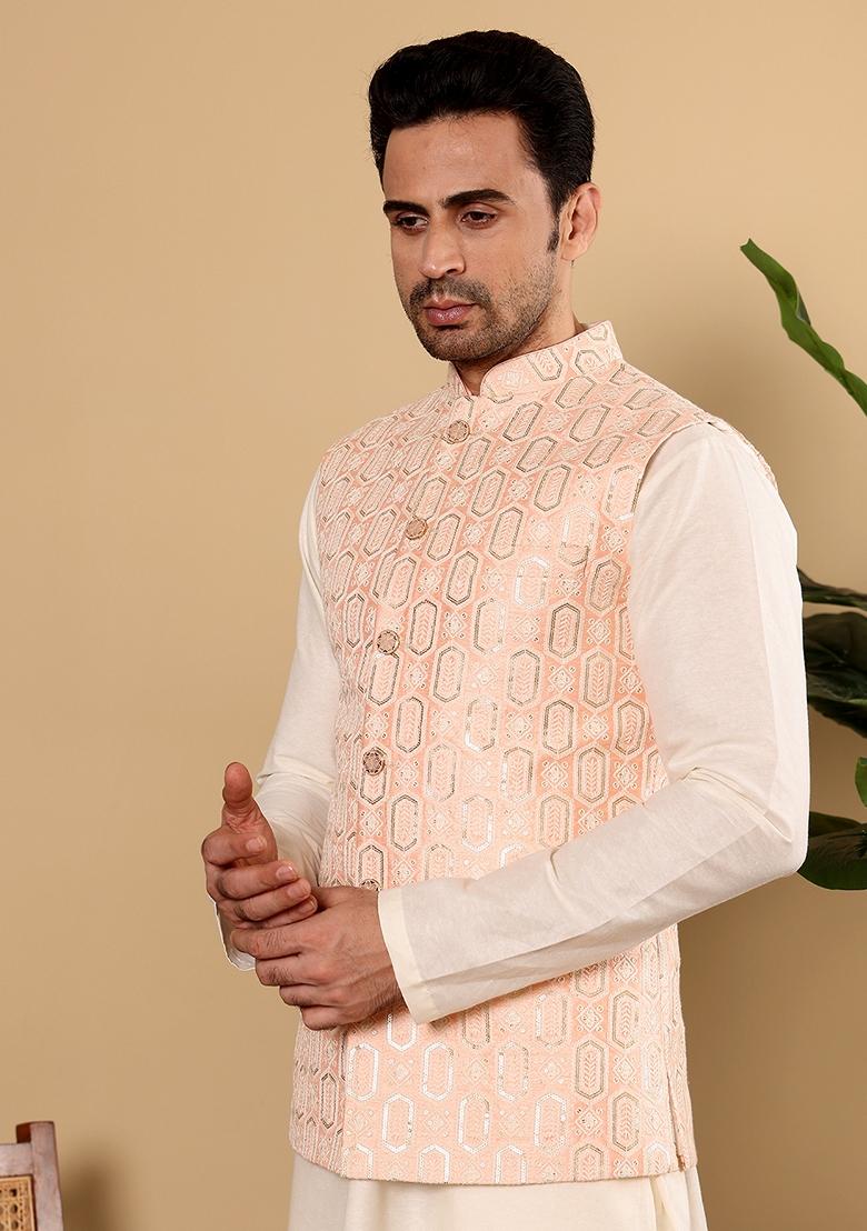 Light Pink Embellished Viscose Silk Nehru Jacket