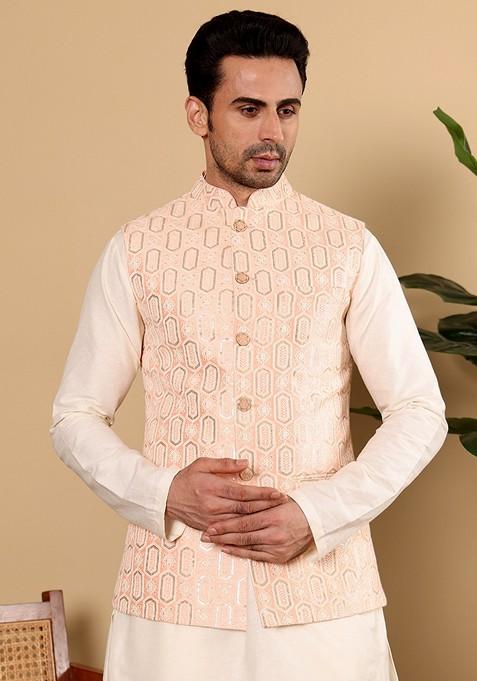 Light Pink Embellished Viscose Silk Nehru Jacket