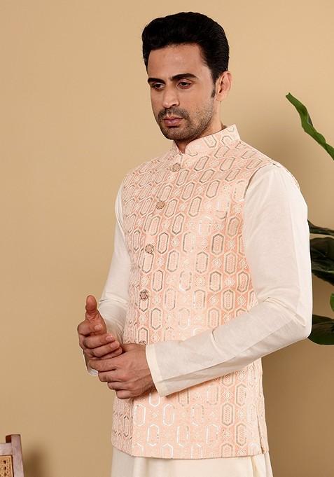 Light Pink Embellished Viscose Silk Nehru Jacket