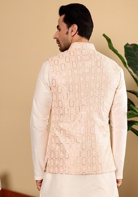 Light Pink Embellished Viscose Silk Nehru Jacket