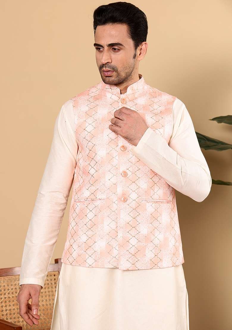 Peach Embellished Rayon Silk Blend Nehru Jacket - Indya