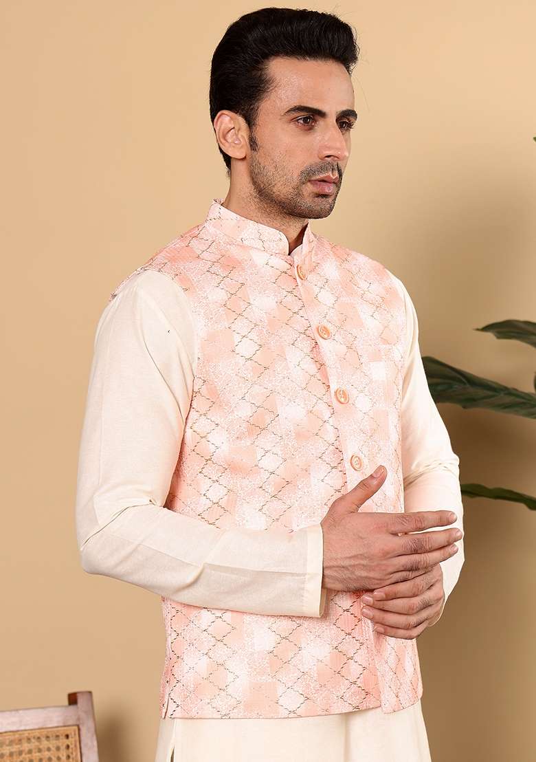 Peach Embellished Rayon Silk Blend Nehru Jacket - Indya