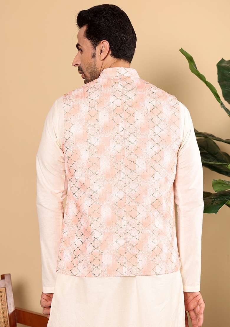 Peach Embellished Rayon Silk Blend Nehru Jacket - Indya