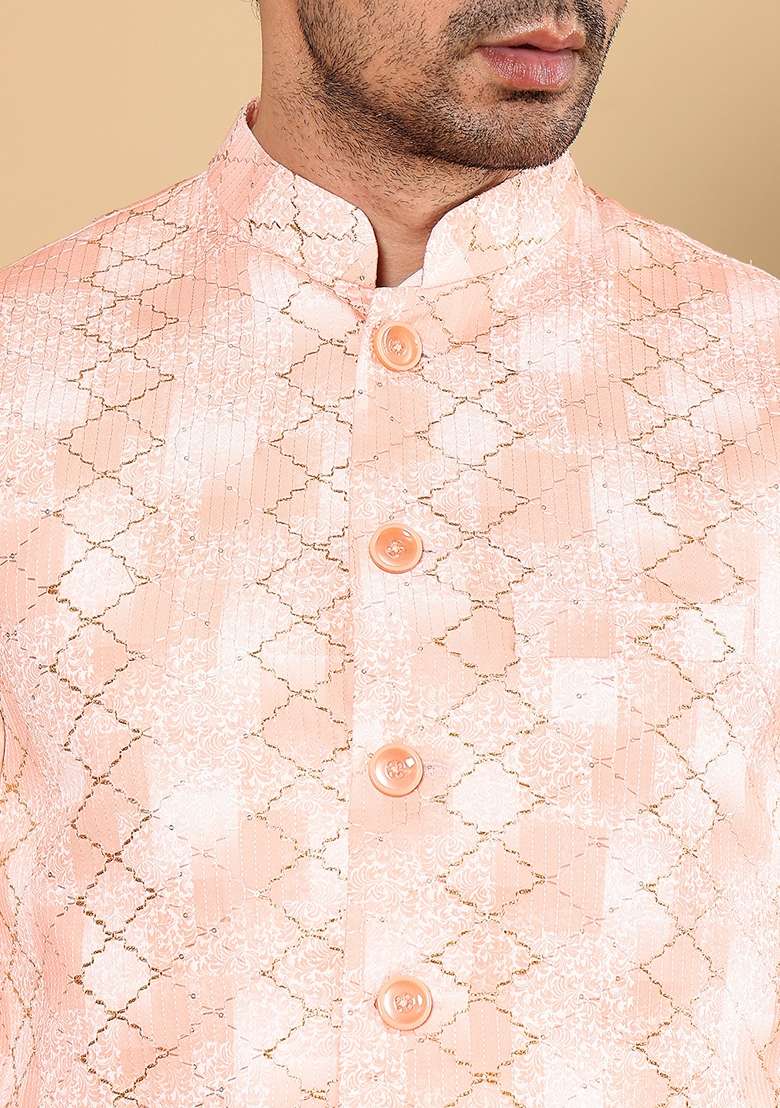 Peach Embellished Rayon Silk Blend Nehru Jacket - Indya