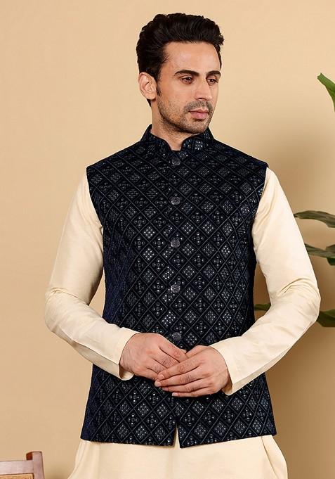 Black Embellished Viscose Velvet Nehru Jacket