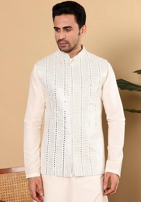 White Embellished Velvet Georgette Nehru Jacket