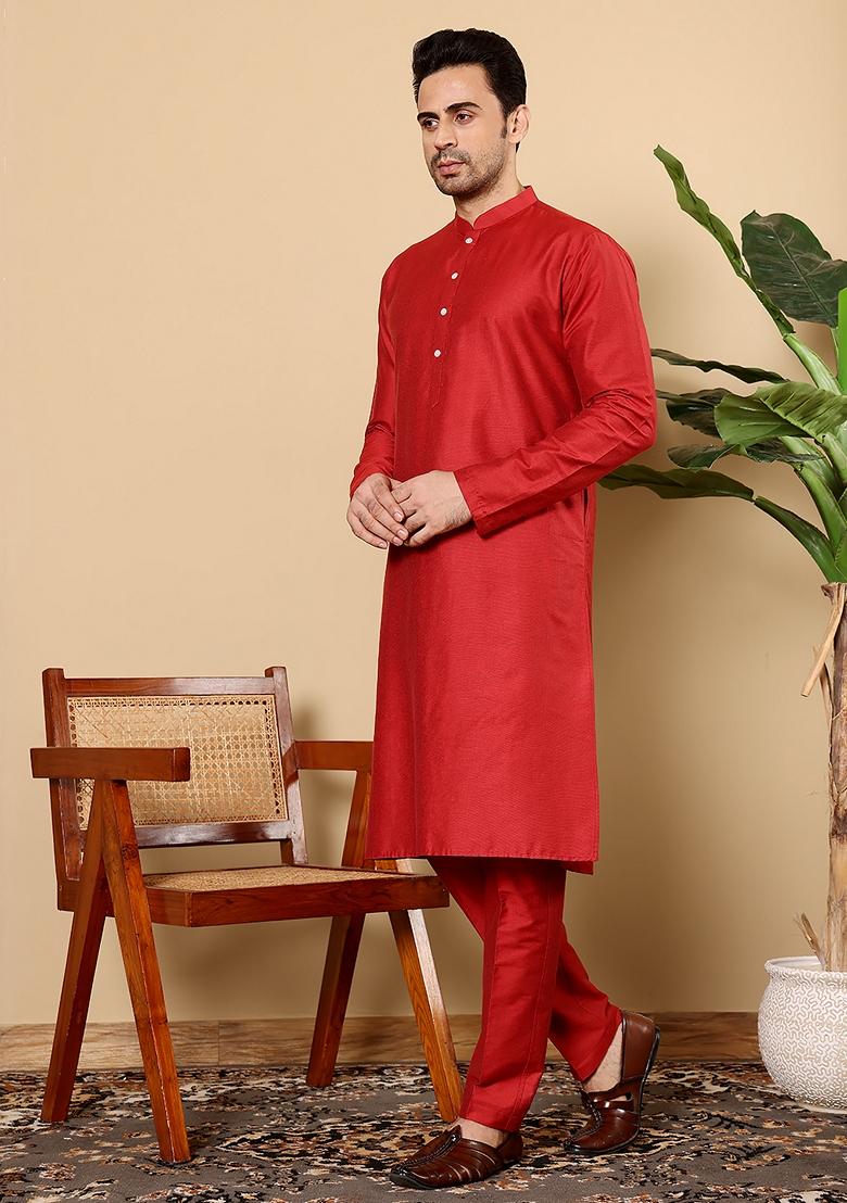 Red Solid Viscose Silk Kurta For Men