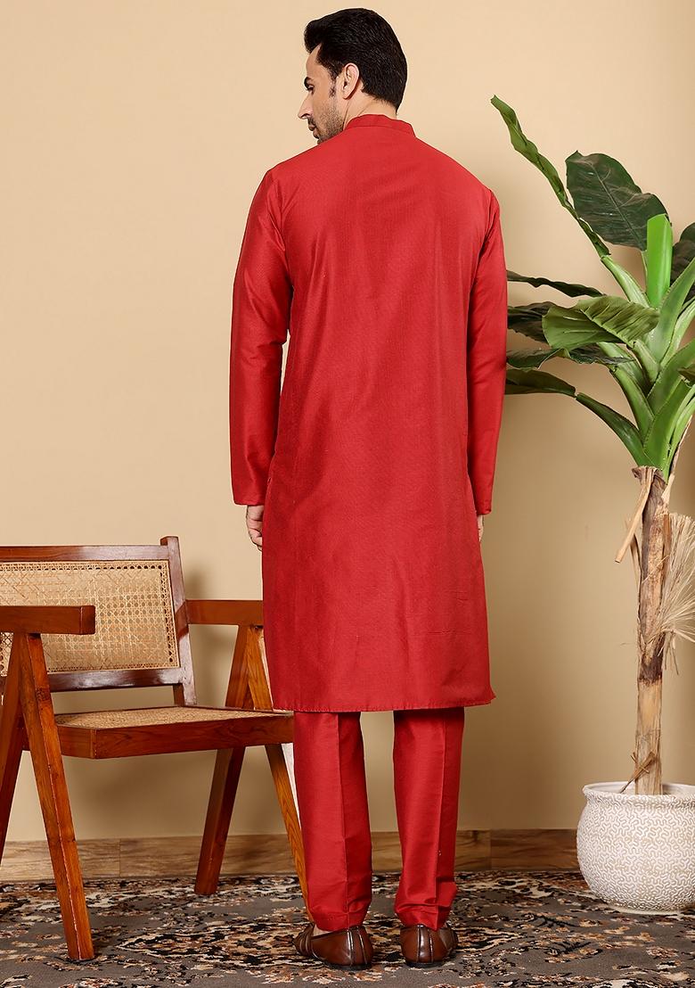 Red Solid Viscose Silk Kurta For Men