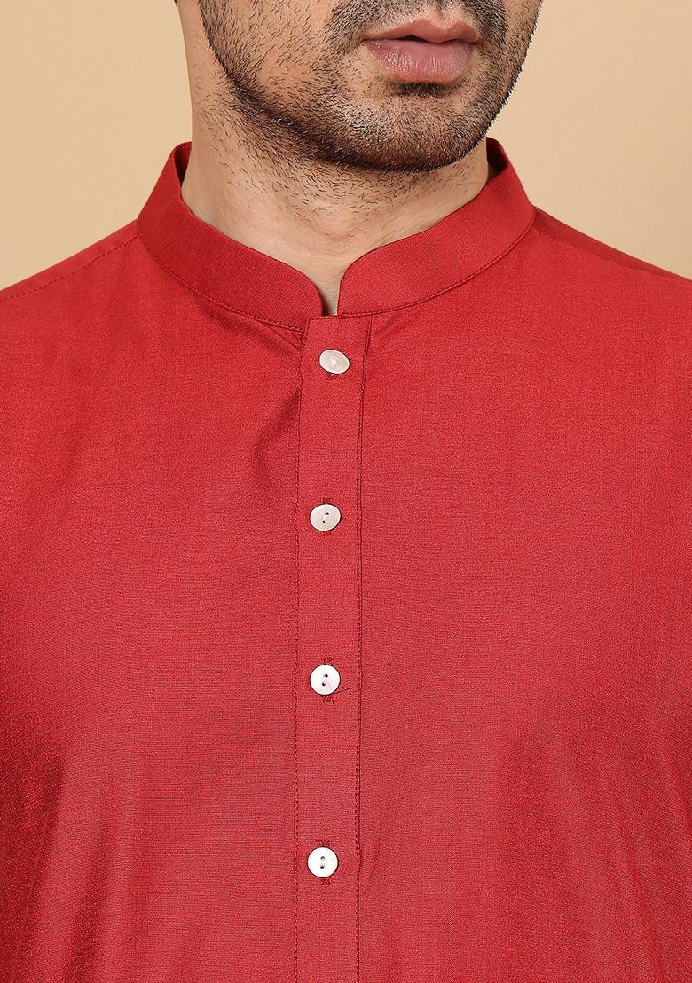 Red Solid Viscose Silk Kurta For Men