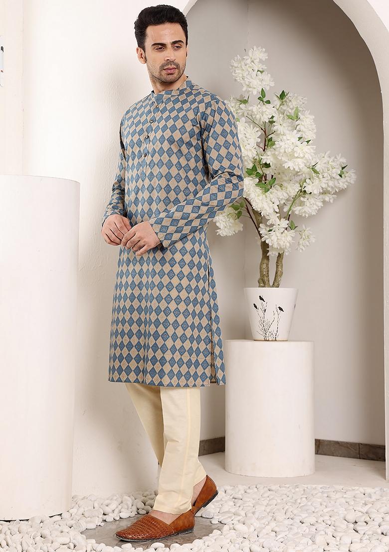 Blue Printed Cotton Kurta For Men - Indya
