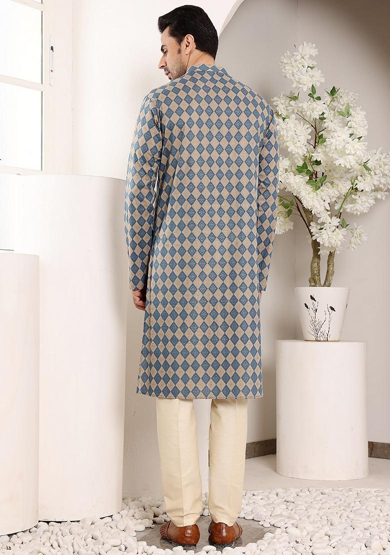 Blue Printed Cotton Kurta For Men