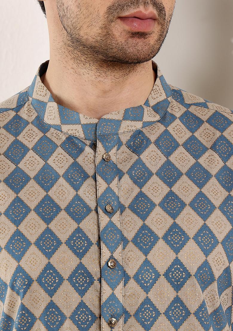 Blue Printed Cotton Kurta For Men - Indya
