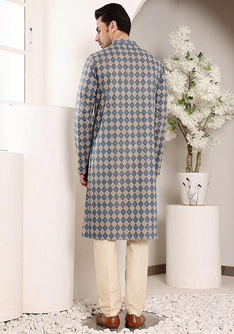 Blue Printed Cotton Kurta For Men