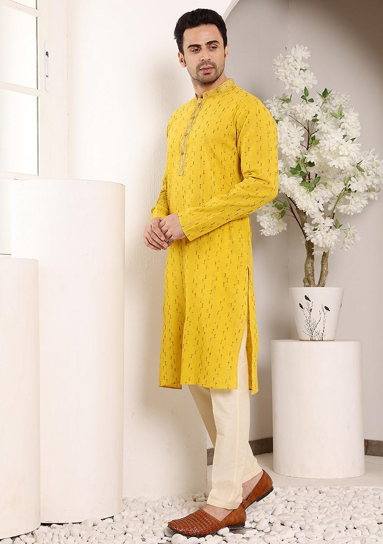 Yellow Embroidered Cotton Kurta For Men