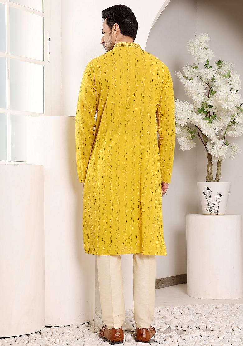 Yellow Embroidered Cotton Kurta For Men