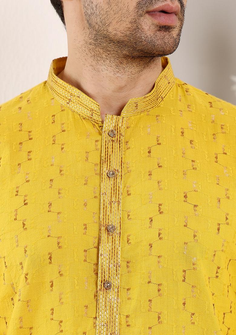 Yellow Embroidered Cotton Kurta For Men