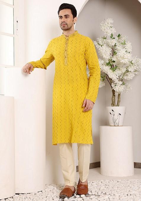 Yellow Embroidered Cotton Kurta For Men