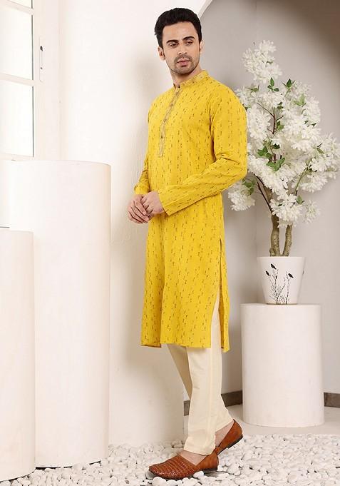 Yellow Embroidered Cotton Kurta For Men