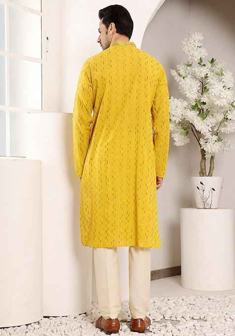 Yellow Embroidered Cotton Kurta For Men