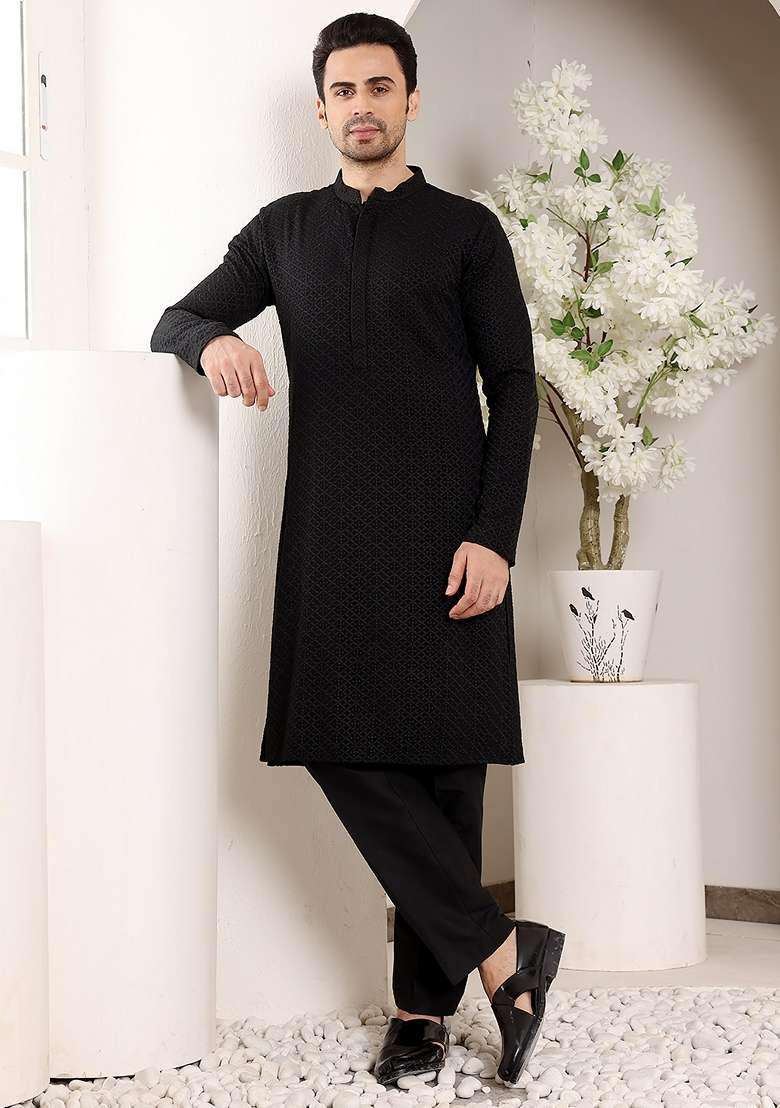 Black Embellished Rayon Silk Blend Kurta For Men - Indya