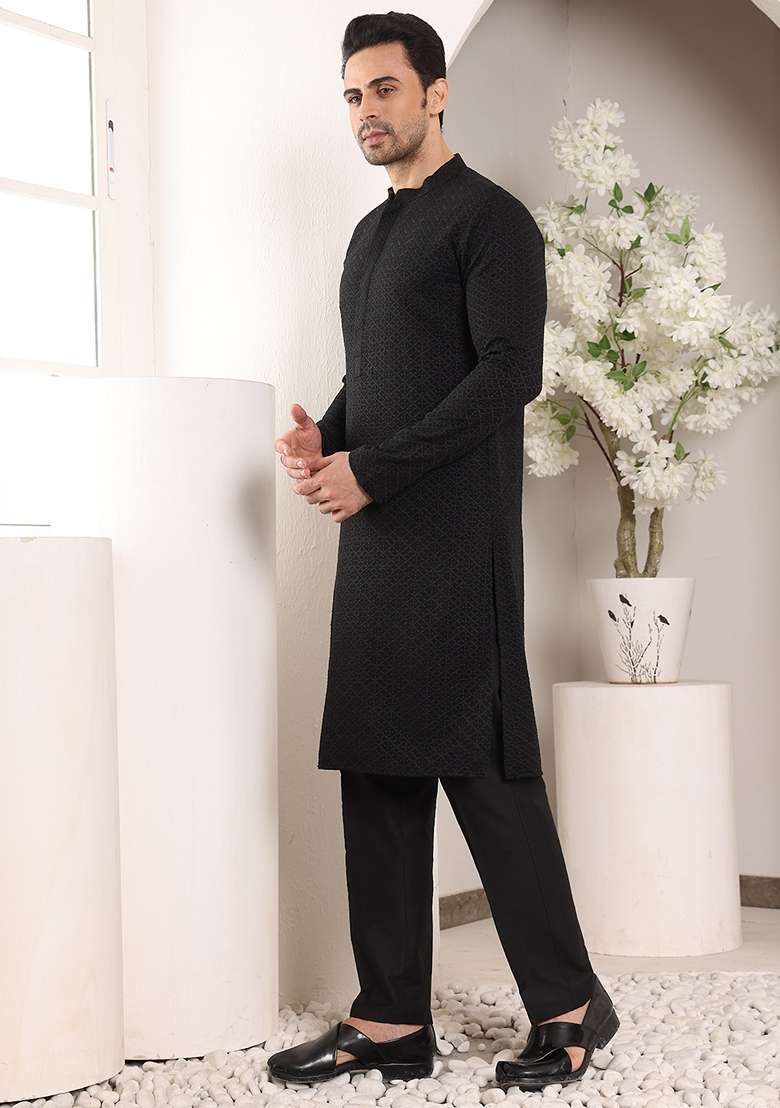 Black Embellished Rayon Silk Blend Kurta For Men - Indya