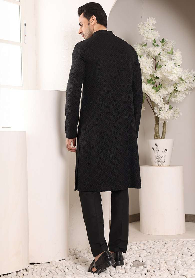 Black Embellished Rayon Silk Blend Kurta For Men - Indya