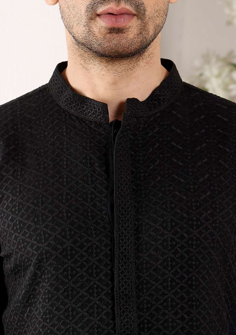 Black Embellished Rayon Silk Blend Kurta For Men - Indya
