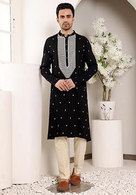 Black Embellished Viscose Silk Kurta For Men