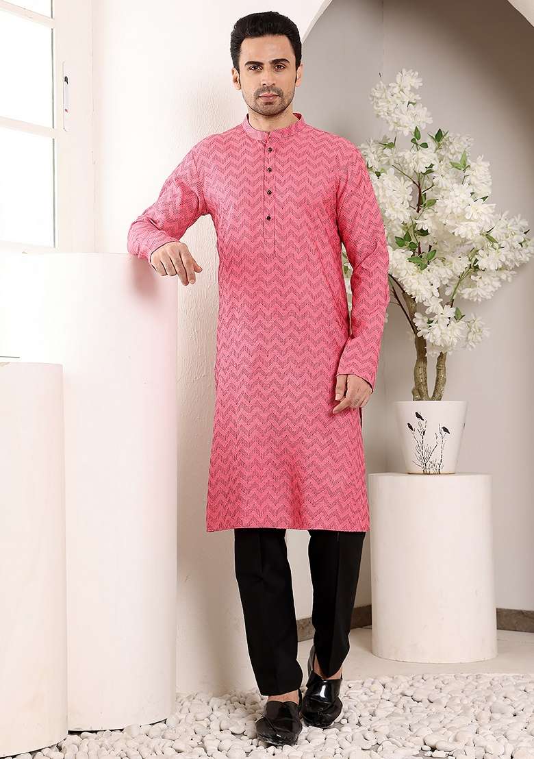Pink Embellished Cotton Kurta For Men - Indya