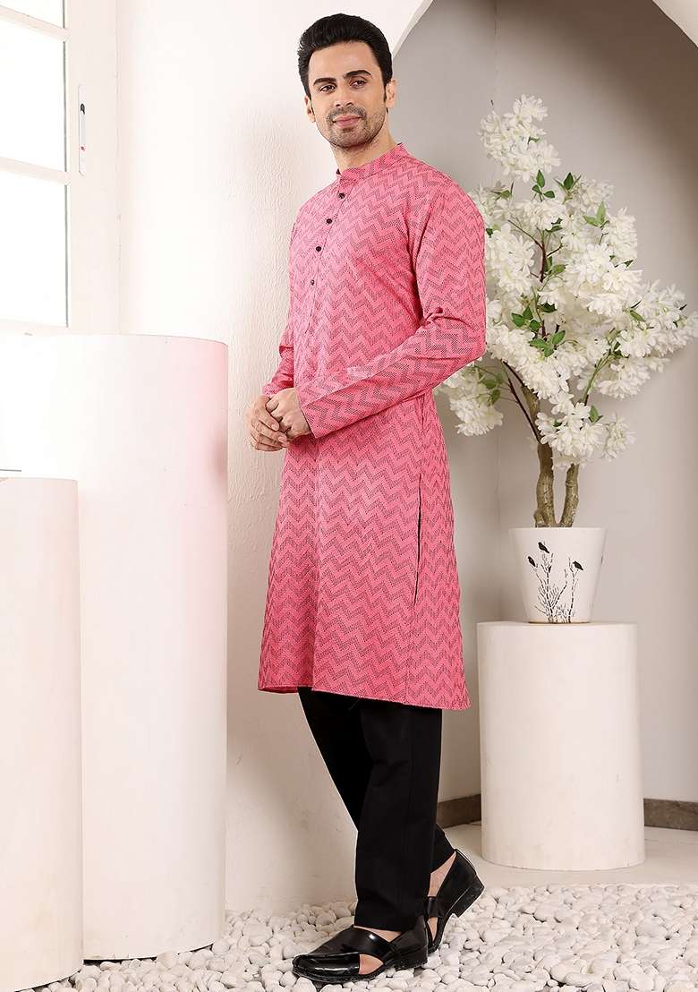 Pink Embellished Cotton Kurta For Men - Indya