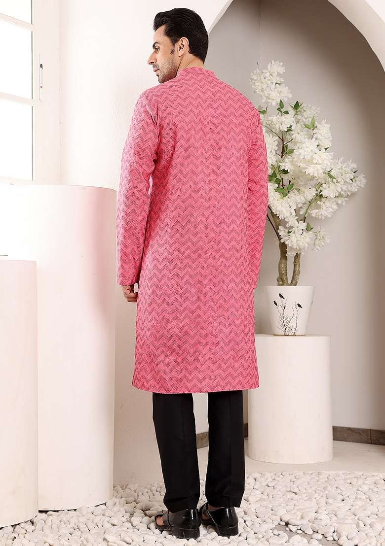 Pink Embellished Cotton Kurta For Men - Indya
