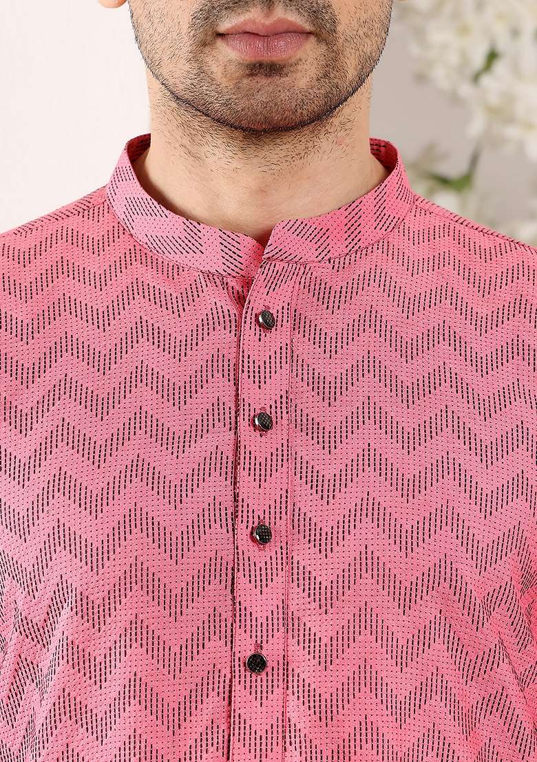 Pink Embellished Cotton Kurta For Men - Indya