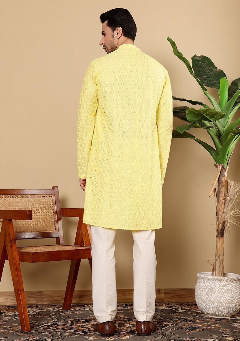 Yellow Embellished Rayon Silk Kurta For Men