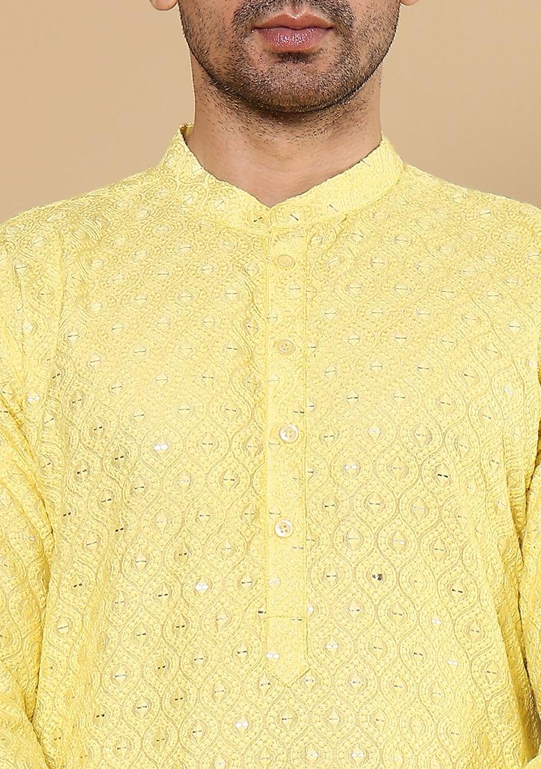 Yellow Embellished Rayon Silk Kurta For Men