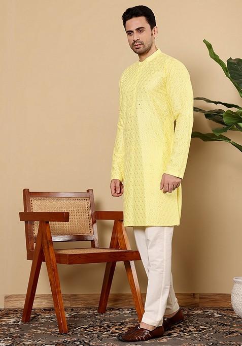 Yellow Embellished Rayon Silk Kurta For Men