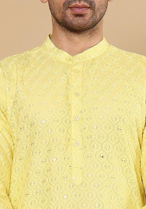 Yellow Embellished Rayon Silk Kurta For Men