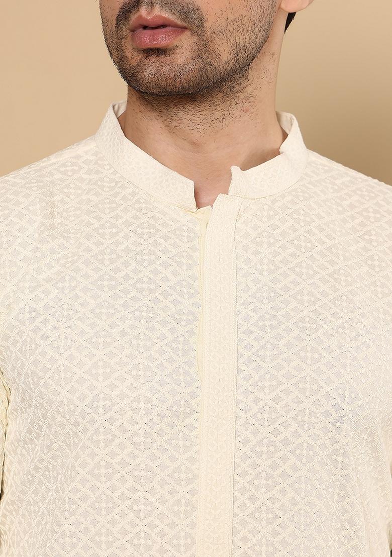 White Embellished Rayon Silk Kurta For Men